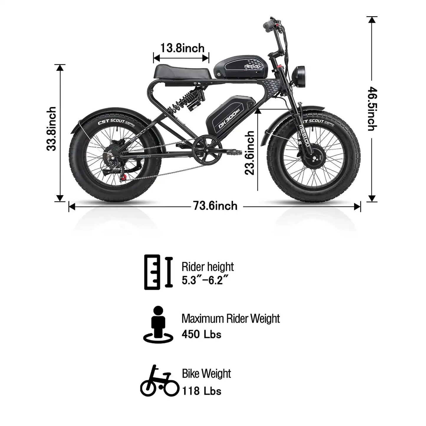 MEELOD DK300 PLUS 20" Retro Moped Style Electric Bike 1200W Peak Motor 48V 20Ah Battery
