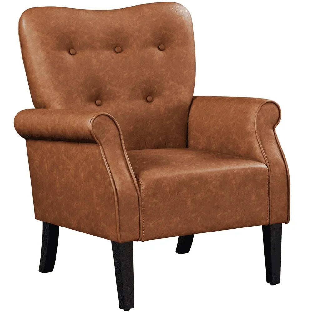Tufted High Back Faux Leather Accent Chair Stylish Mid-Century Armchair Comfortable Living Room Furniture Retro Design