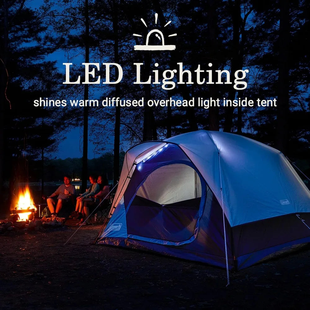Skydome Camping Tent with LED Lights, Weatherproof 4/8 Person Family Tent Includes Pre-Attached Poles