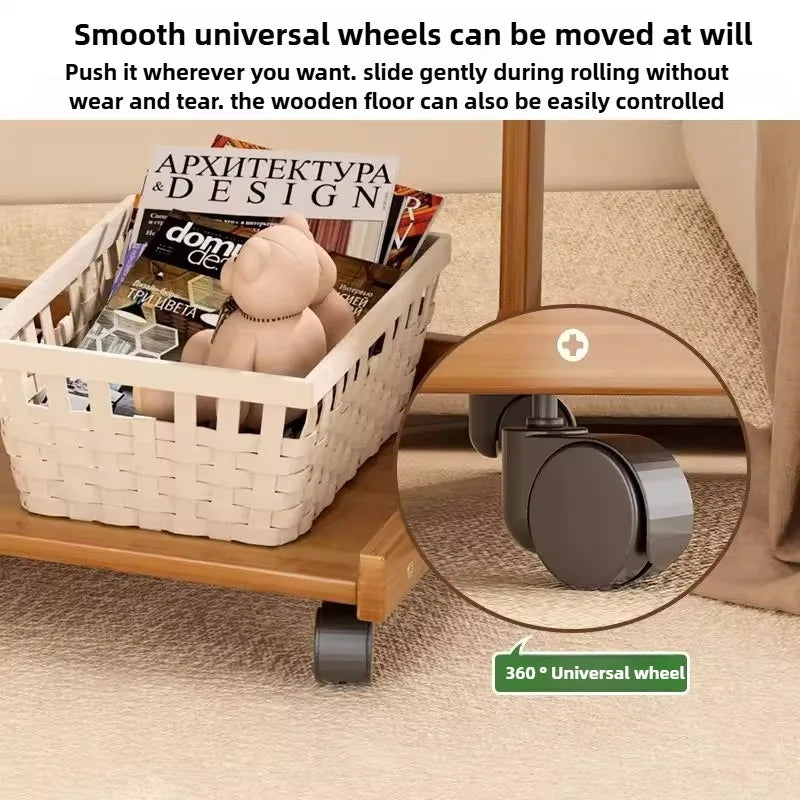 Sofa edge table, movable coffee table with wheels, minimalist mini living room, solid wood bedroom, bedside table, storage rack