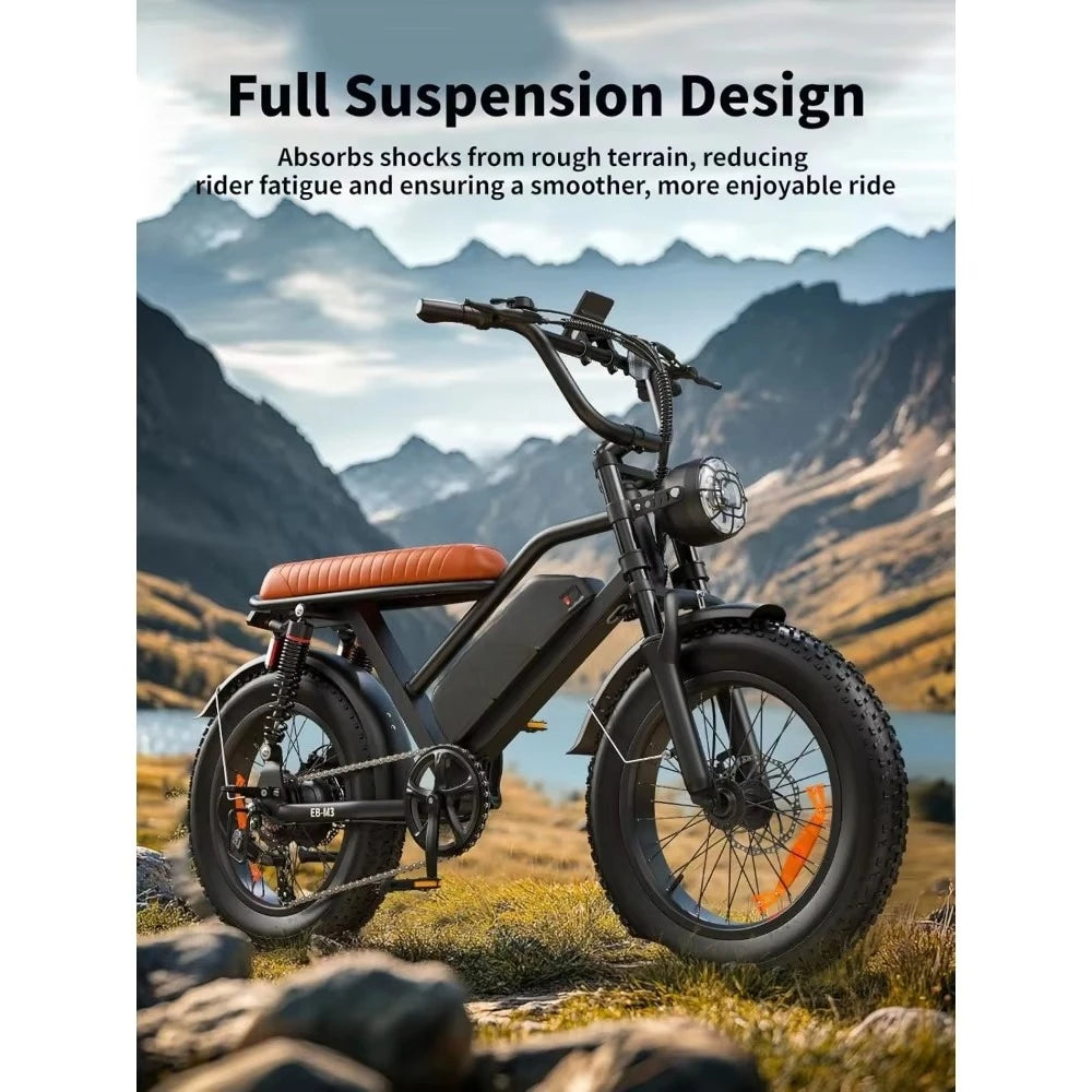 48V 18.2AH electric motorcycle, long seat electric bicycle with full suspension,suitable for mountains, snow, sand, and highways