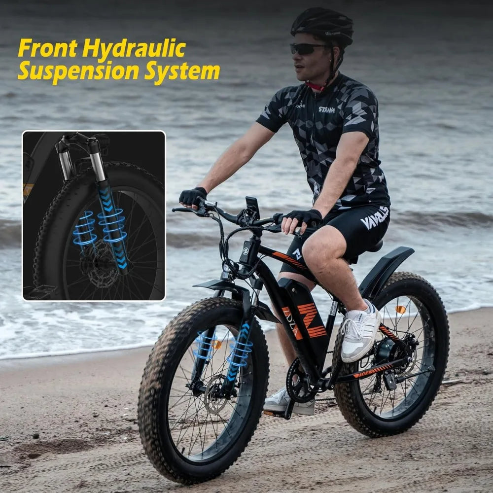 26 inch fat tire electric bicycle, 1500W motor, 48V 14.5Ah adult detachable, 7-speed and dual suspension