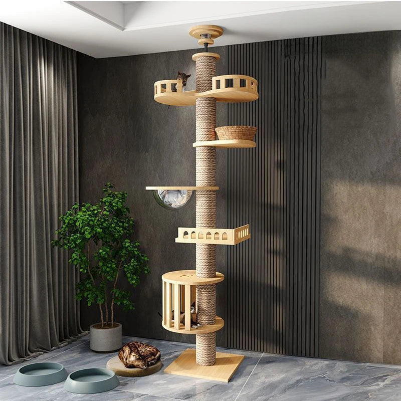 Adjustable Cat Tree House Tower Pet Condo Wooden House Multifunction Tower Soft Flannel Hammock Bed Cat Tree Floor To Ceiling