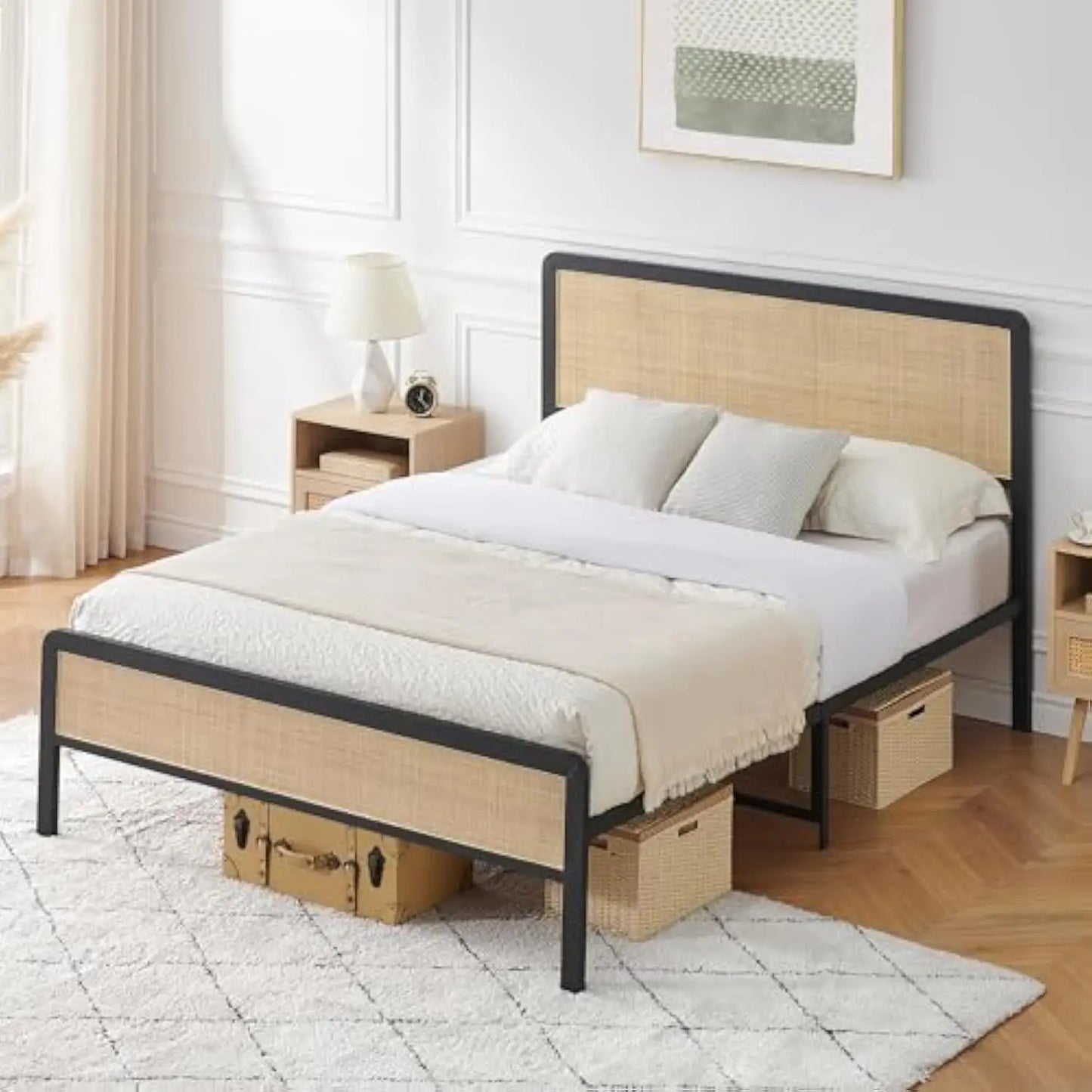 Rattan Full Size Bed Frame Full Size Bed Frame with Natural Rattan Headboard Bohemian Platform Bed Frame Strong Metal Slats Sup