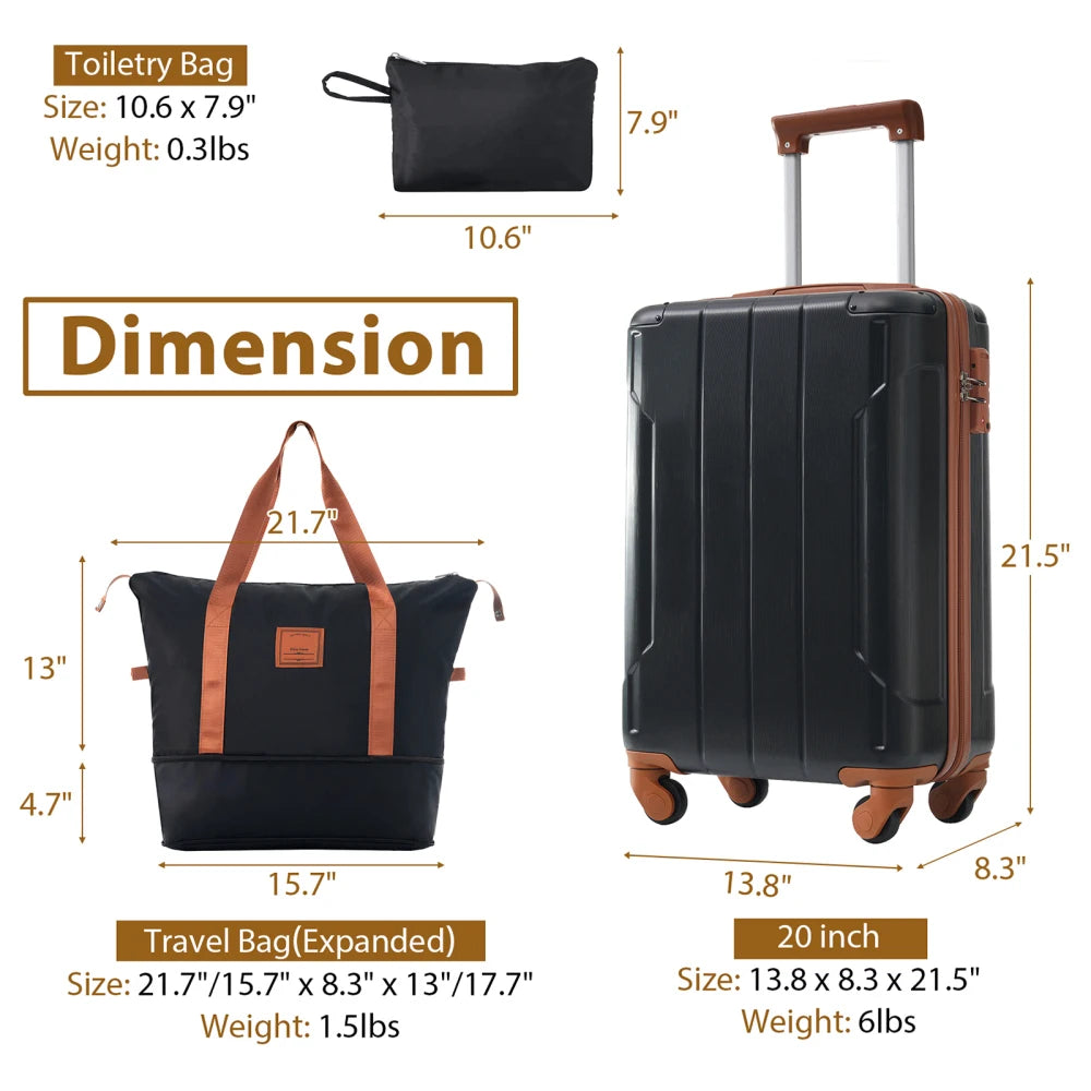 Hardshell Luggage Sets 3 Piece Carry-on Suitcases with Wheels TSA Lock for Men Women Black Brown (20in)