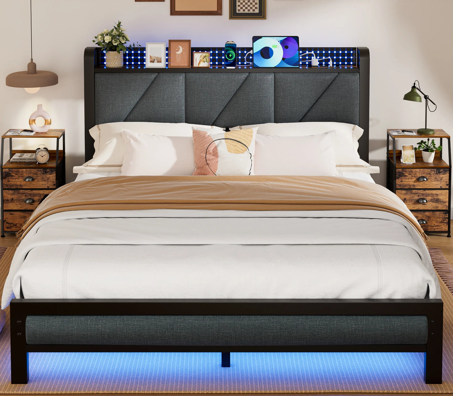 Full/Queen Bed Frame with Charging Station and LED Lights,USB Charging Station Headboard Upholstered Queen Size Metal bedstead