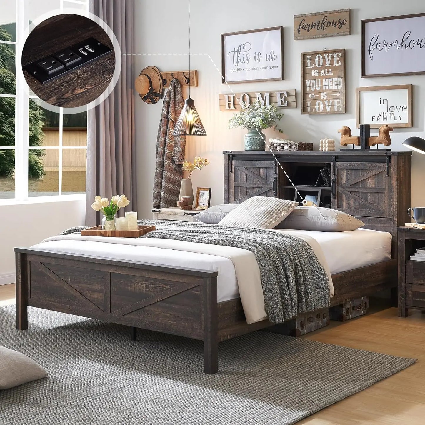 Farmhouse King Size Bed Frame w/Storage Bookcase Headboard Sliding Barn Door Charging Station Rustic Wood Platform Bed Wood Slat