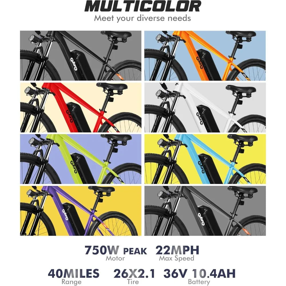 Speed Mountain Light Electric Bicycle, equipped with a peak 750W 22MPH brushless motor and a 375Wh detachable battery