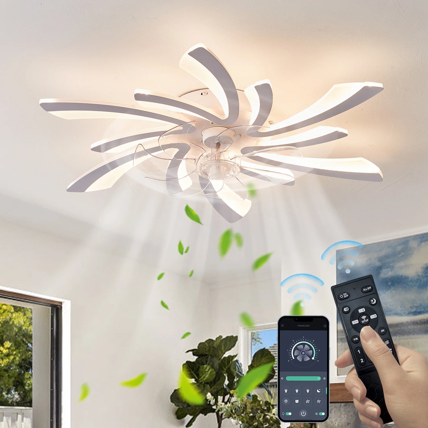 Ceiling fan with light, modern dimmable flower shaped ceiling fan, with remote control/app control, timed fan ceiling light