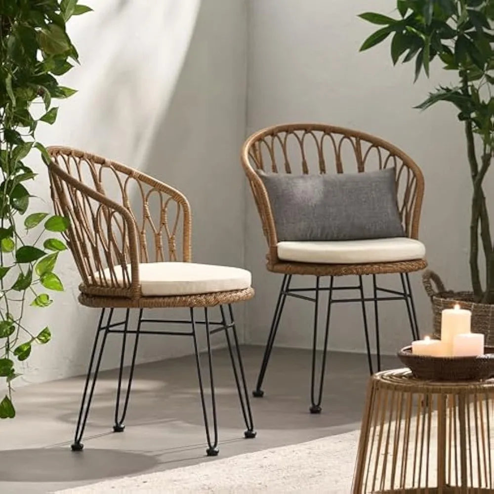 Outdoor Dining Chairs Set of 2, Wicker Outdoor Dining Chair with Cushion, Boho Industrial Style Rattan Dining Chairs, Patio Loun