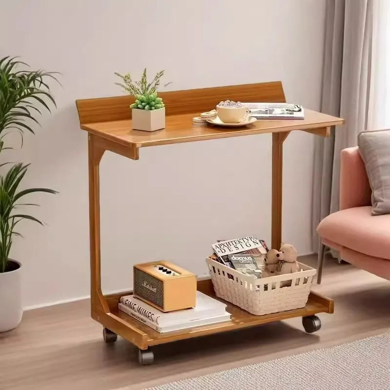 Sofa edge table, movable coffee table with wheels, minimalist mini living room, solid wood bedroom, bedside table, storage rack