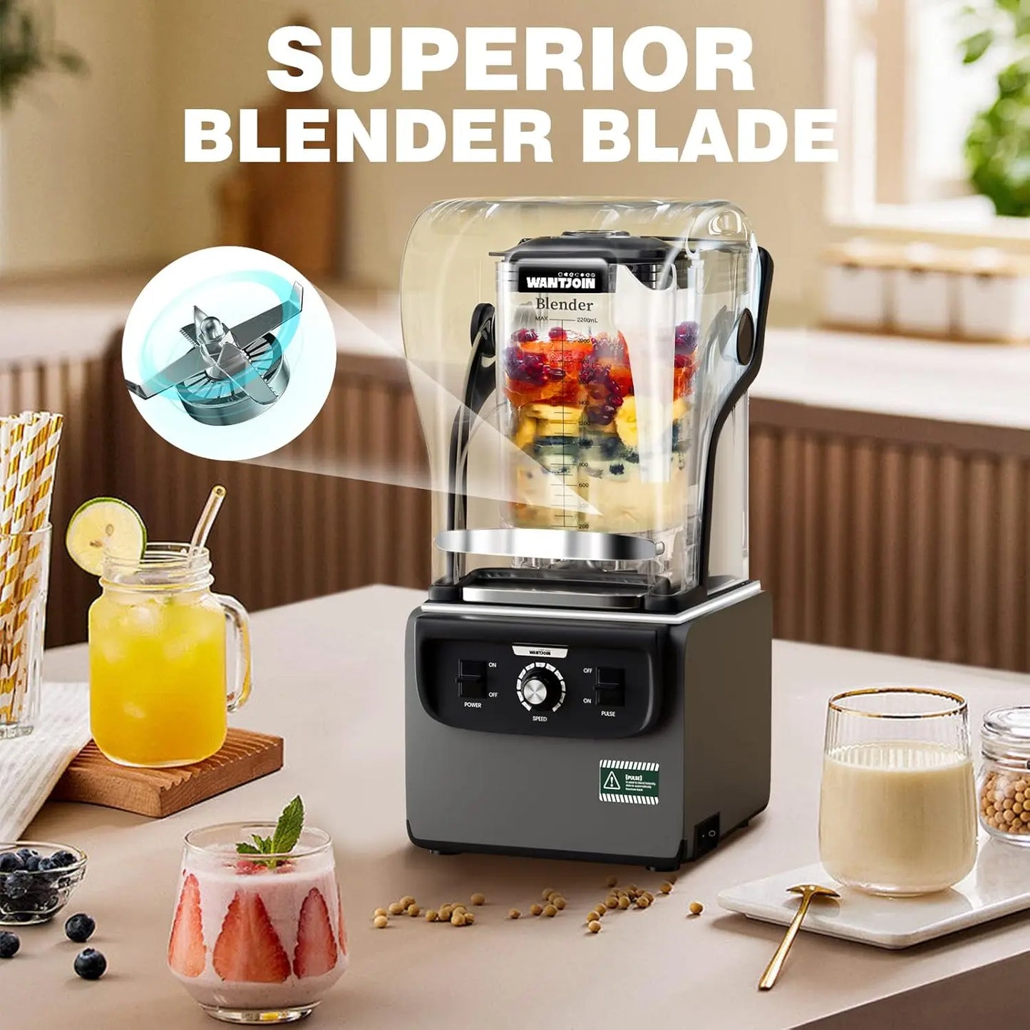Wantjoin Professional Blender, Commercial Quiet Blender Soundproof Blender 2200ml With Blender Cover for Kitchen 1800W