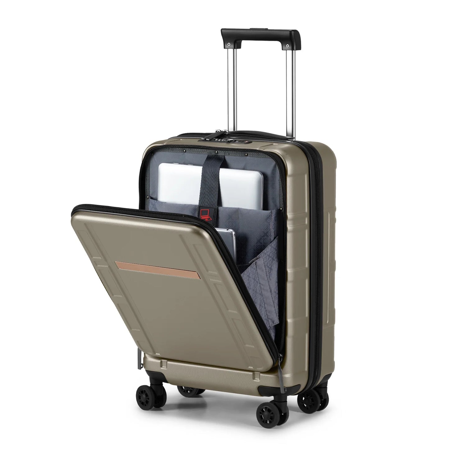 22 X 14 X 9 Airline Approved, ABS+PC 20 Inch Luggage with Front Compartment, Double Spinner Wheels, TSA Lock,Khaki Color