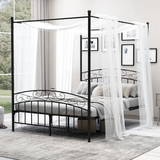 Canopy Bed Frame Four-Poster Metal Platform with Headboard and Footboard Sturdy Heavy Duty Steel Slat Support