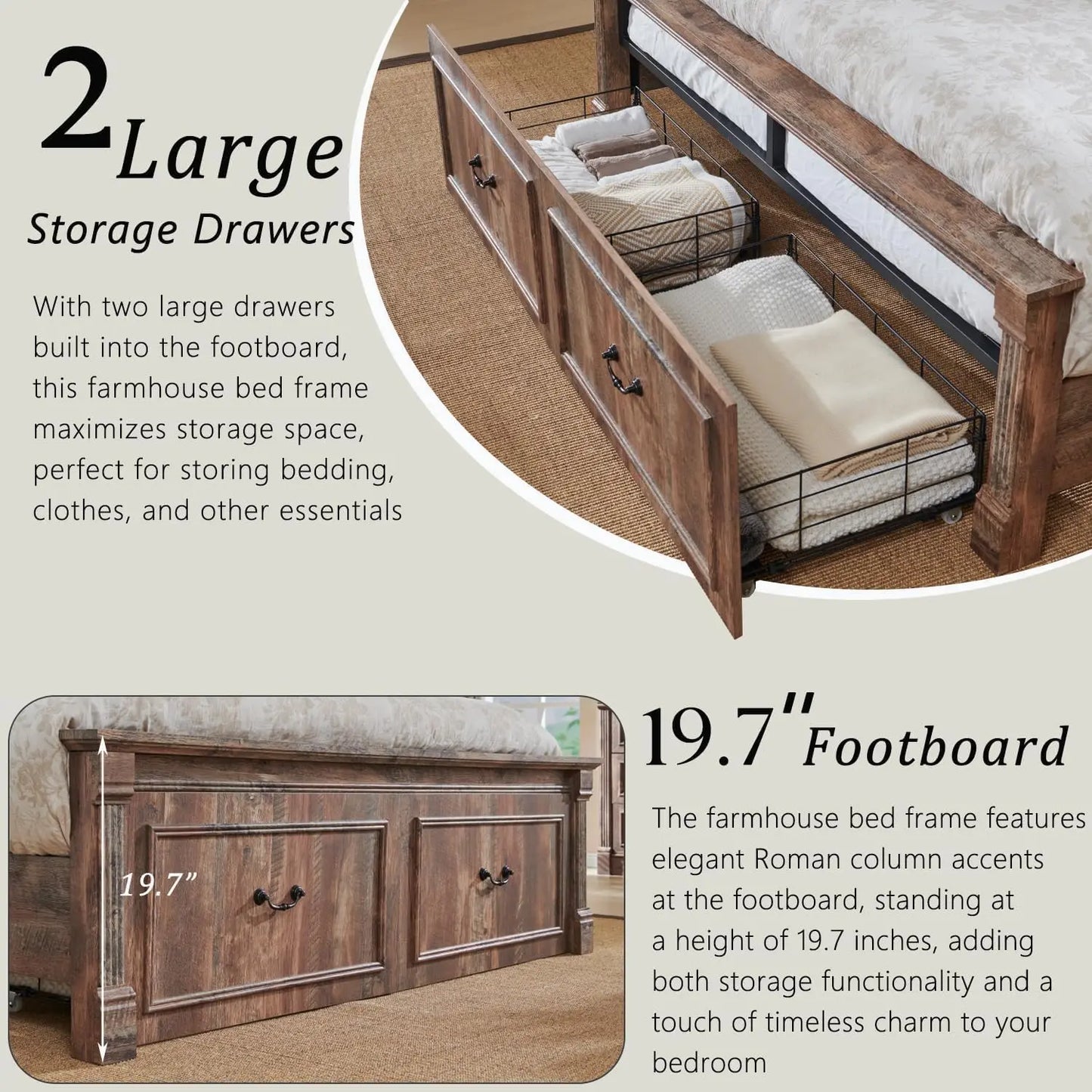 Farmhouse Queen Size Bed Frame, with 51" Tall Headboard, Wood Bed Frame with 20" Tall Footboard & 2 Large Storage Drawers