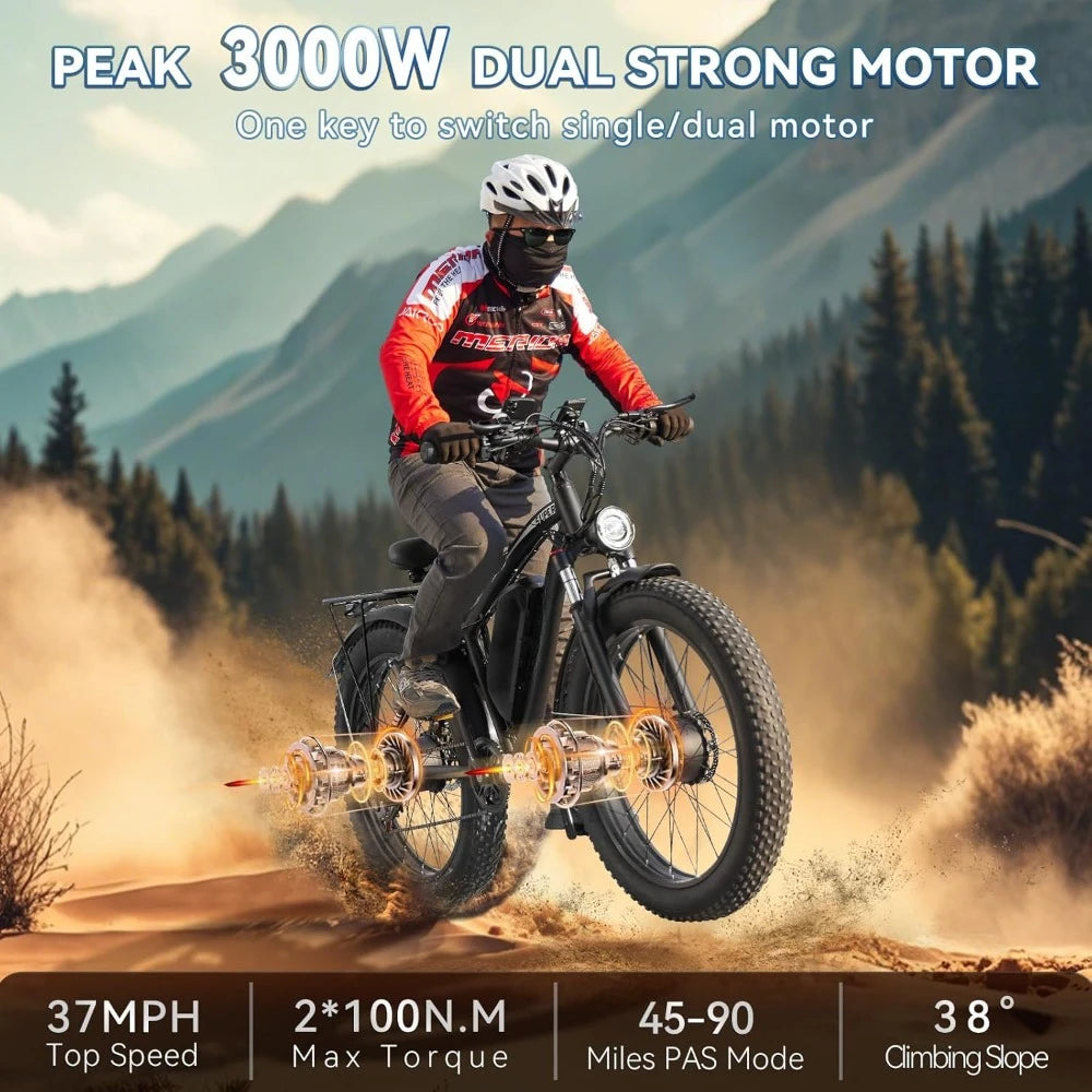 Dual Motor Ebike for Adults, 52V 23AH Large Battery Men Adult Fat Tire Electric Bike Peak 4000W 37MPH Electric Bicycles 7 Speed