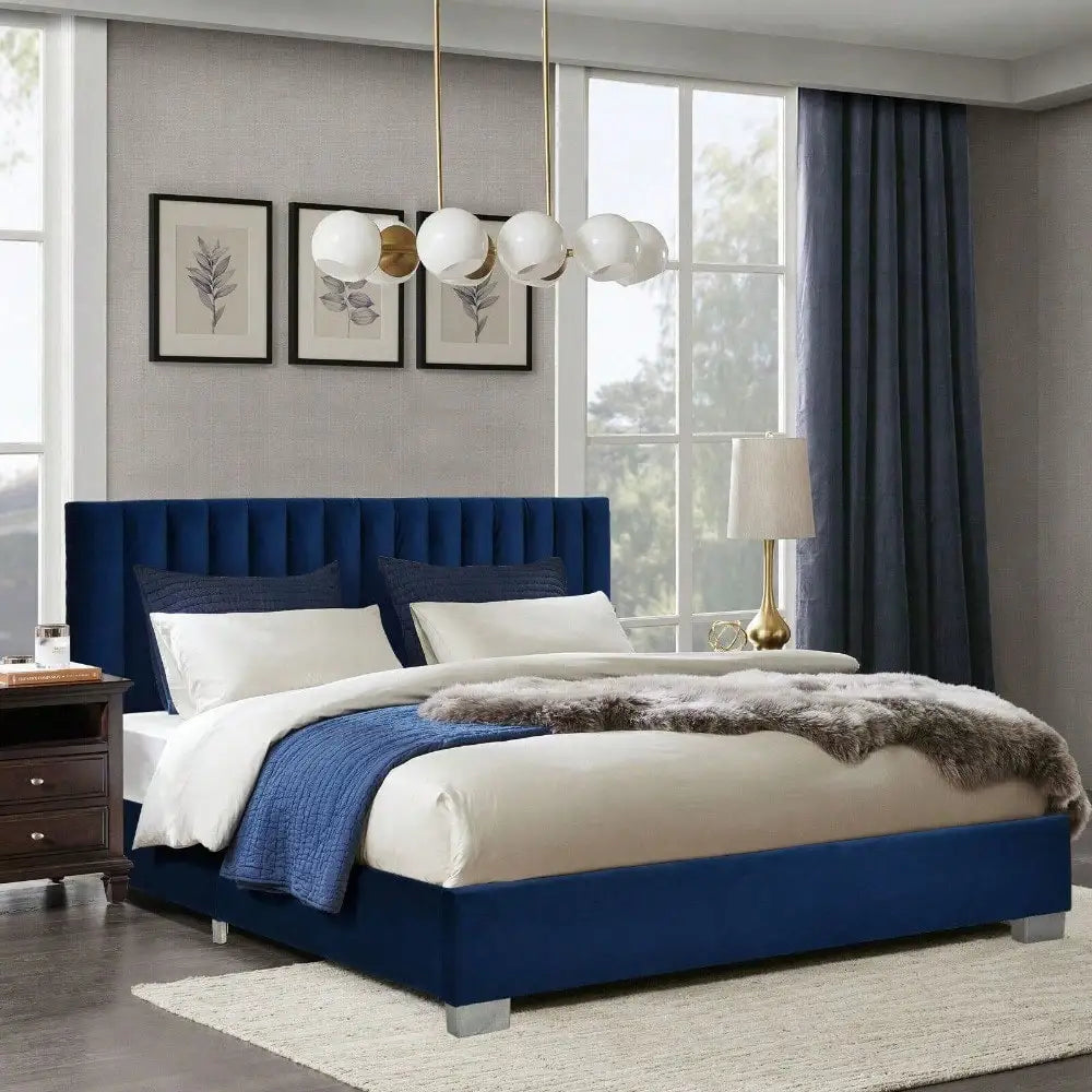 Full Tufted Upholstered Platform Bed Frame Flannel Headboard Navy Blue