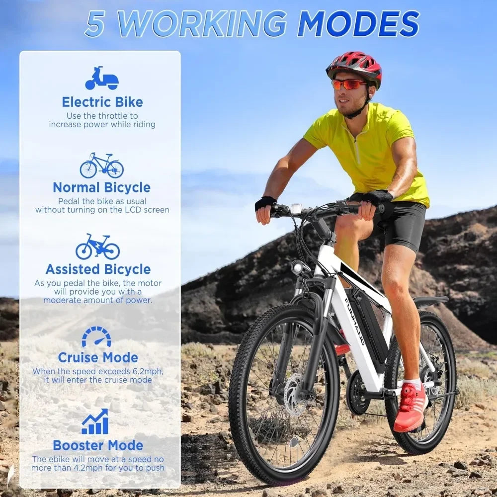 Electric Bike for Adults, 26'' 1000W Peak Ebike, Adjustable Stem, Fenders, Lockable Suspension Fork, 21-Speed