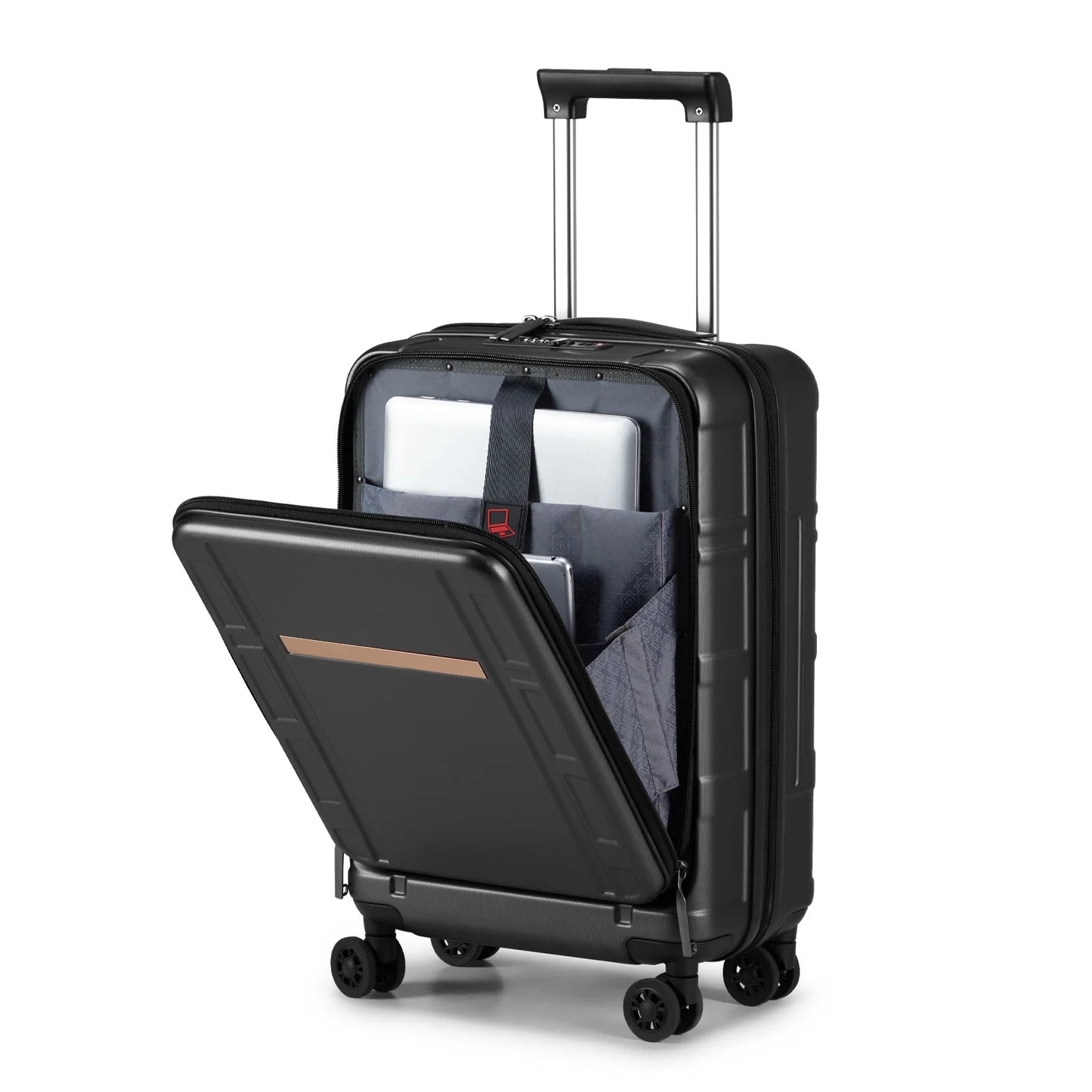 22 X 14 X 9 Airline Approved, ABS+PC 20 Inch Luggage with Front Compartment, Double Spinner Wheels, TSA Lock,Black Color