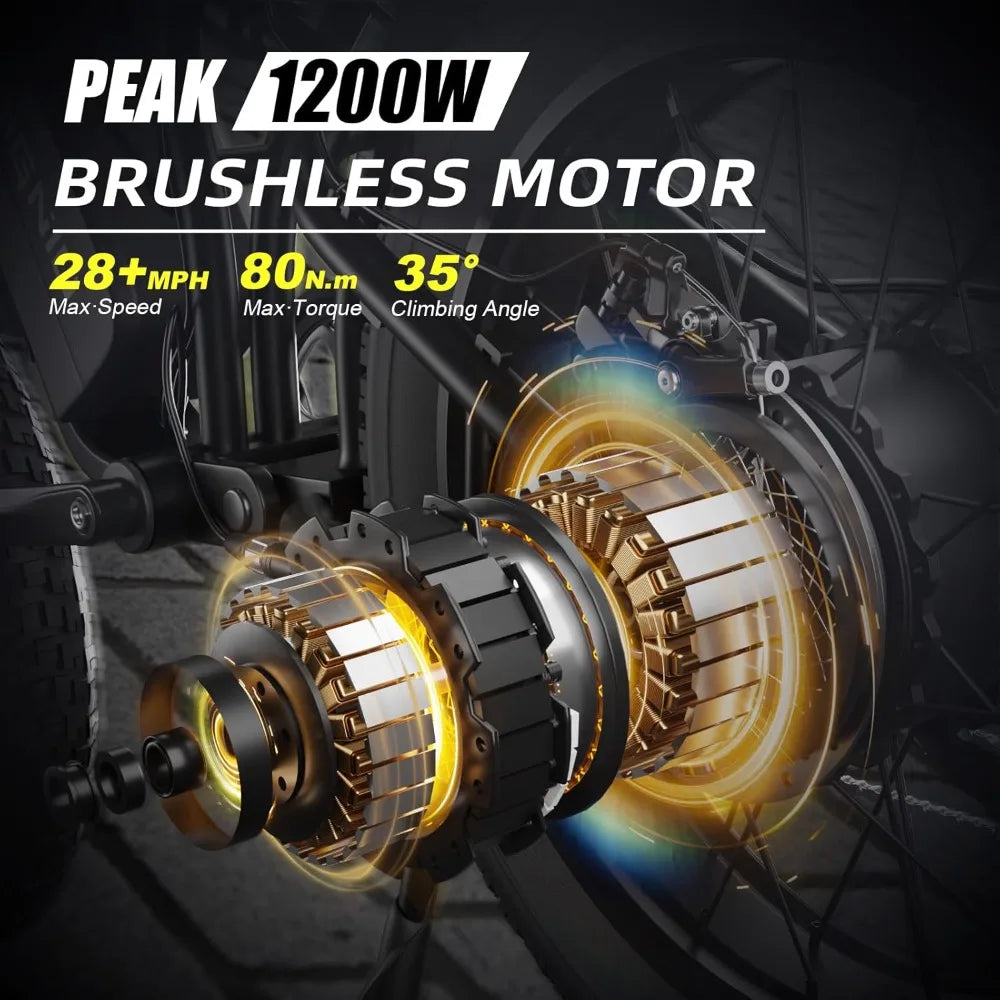 Electric Bike 20" Fat Tire, Peak 1200W Motor, 48V 15A/22.5A Battery, 7-Speed, Dual Disc Brakes for Off-Road and City Riding