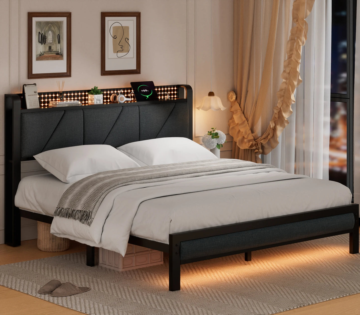 Full/Queen Bed Frame with Charging Station and LED Lights,USB Charging Station Headboard Upholstered Queen Size Metal bedstead