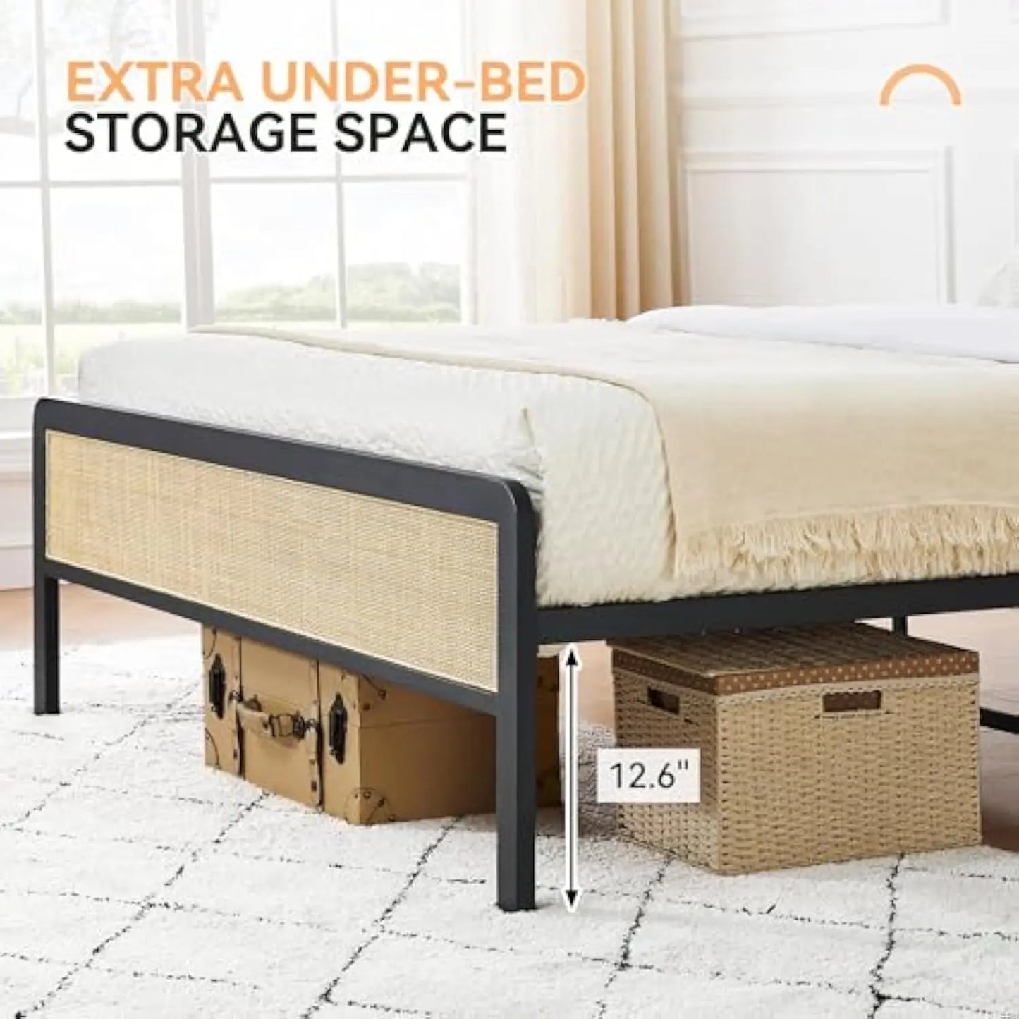 Rattan Full Size Bed Frame Full Size Bed Frame with Natural Rattan Headboard Bohemian Platform Bed Frame Strong Metal Slats Sup