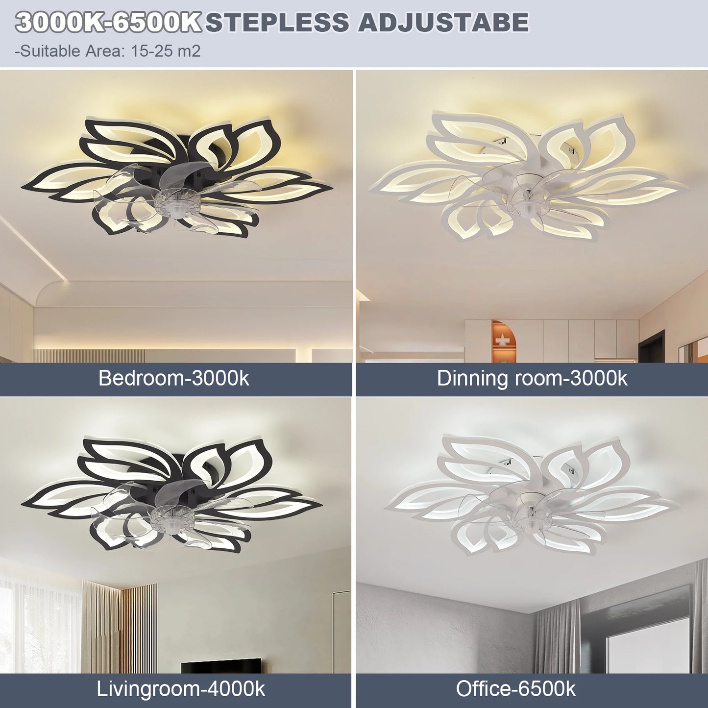 Ceiling mounted fan light with silent fan, adjustable wind speed, dimmable LED lighting, equipped with remote control