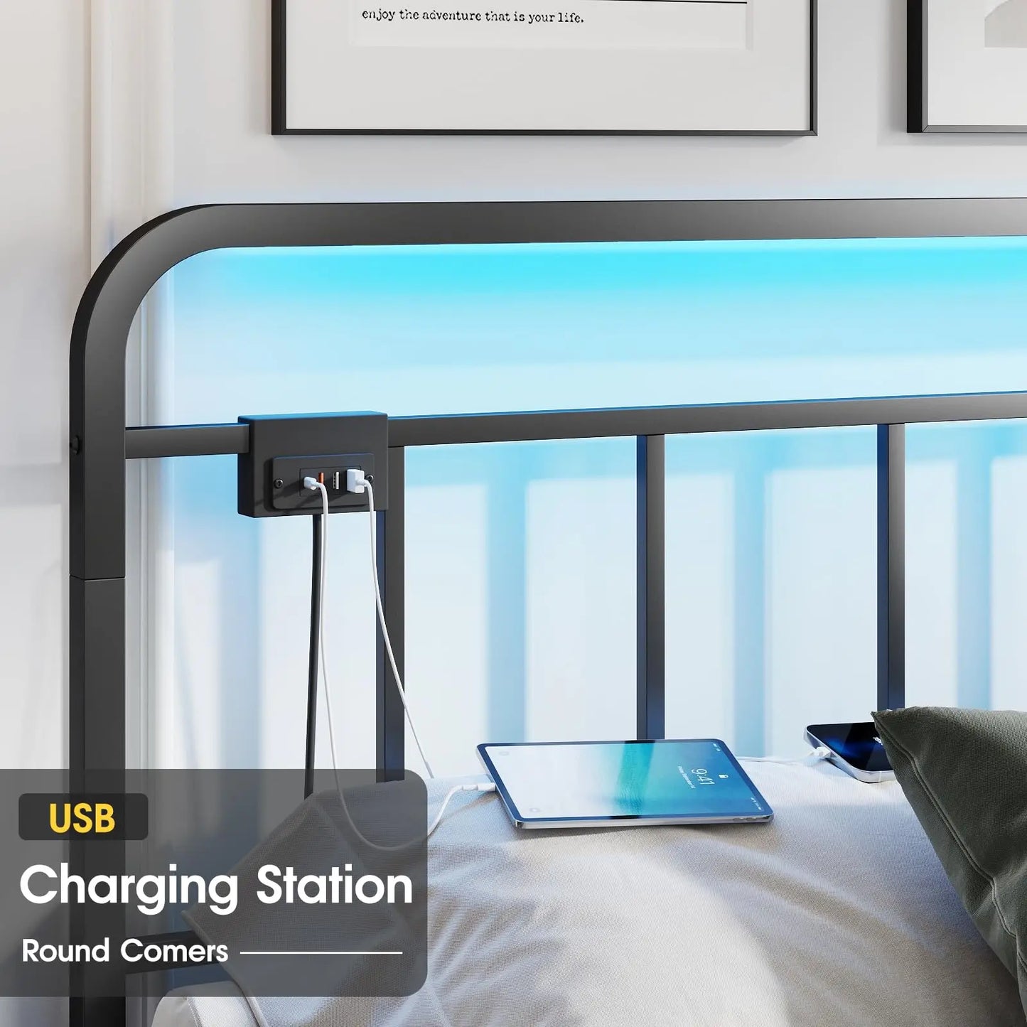 Vabches Floating Queen Size Bed Frame with LED Lights&Power Outlet Metal Platform Bed Frame with Headboard No Box Spring Needed