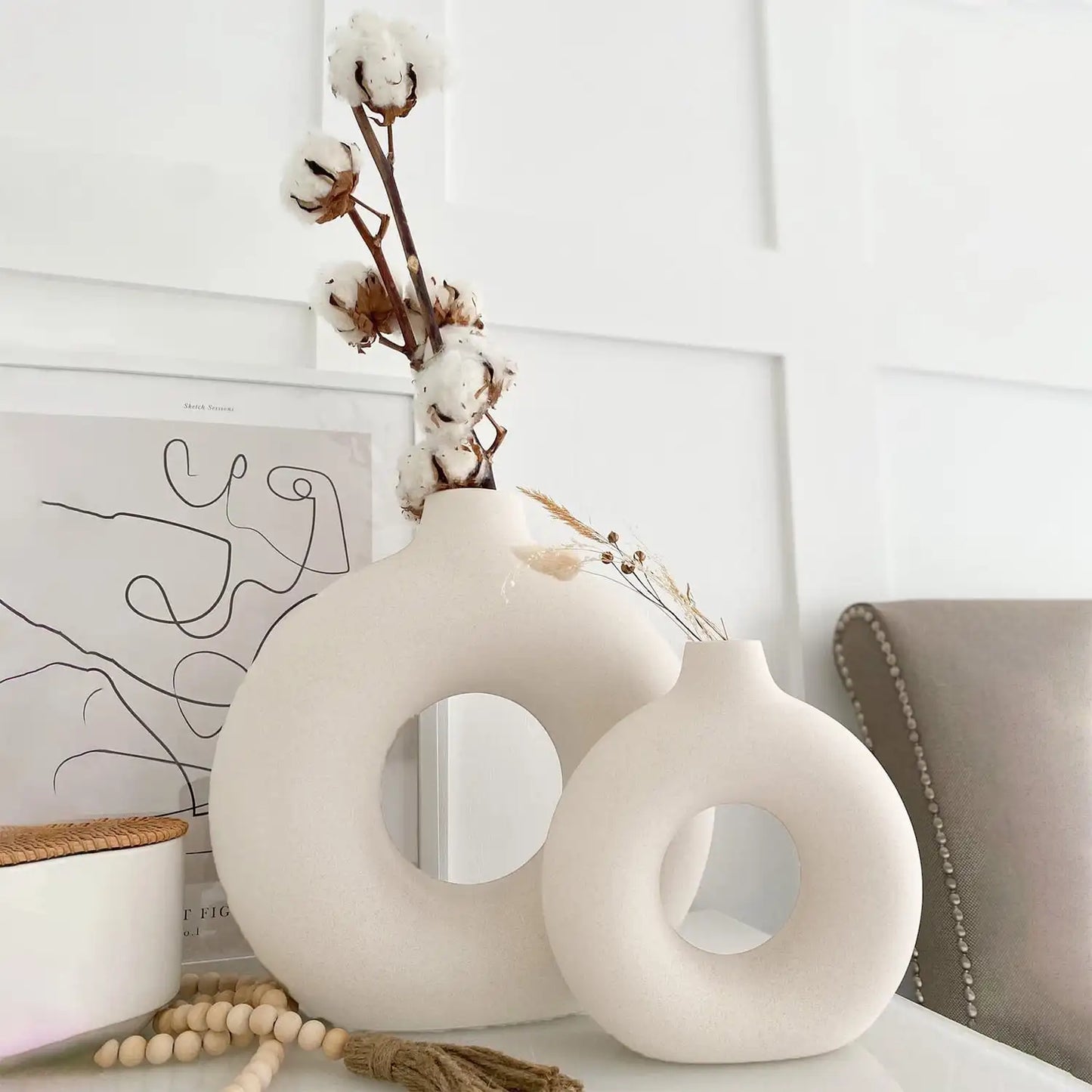 Ceramic Vases for Home Decor, Set of 2 Donut Vases, Modern Vase, White Vases, Farmhouse Vase, Decorative Vase