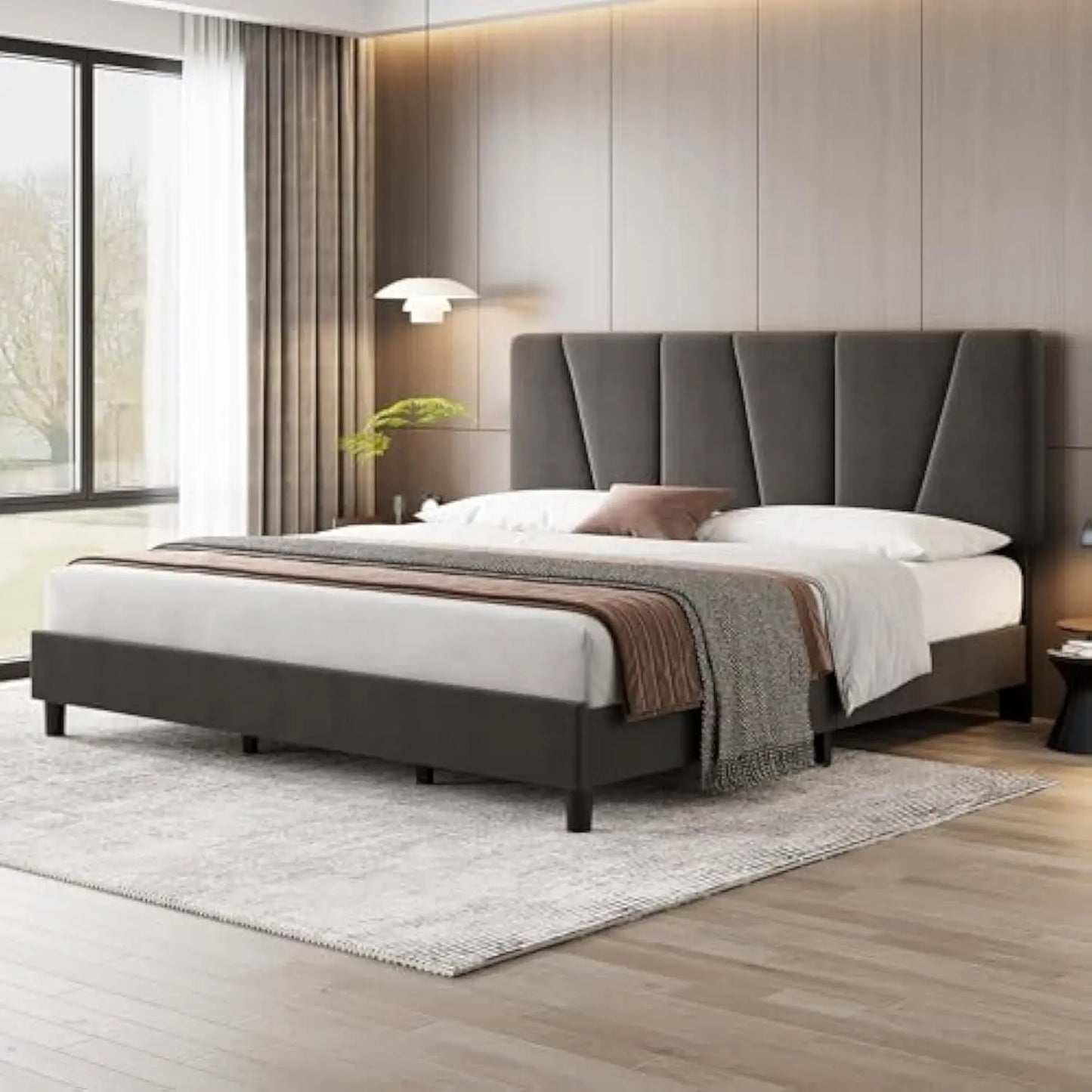 King Size Bed Frame with Headboard Adjustable, Linen Upholstered King Platform Bed with Headboard, Mattress Foundation with Woo