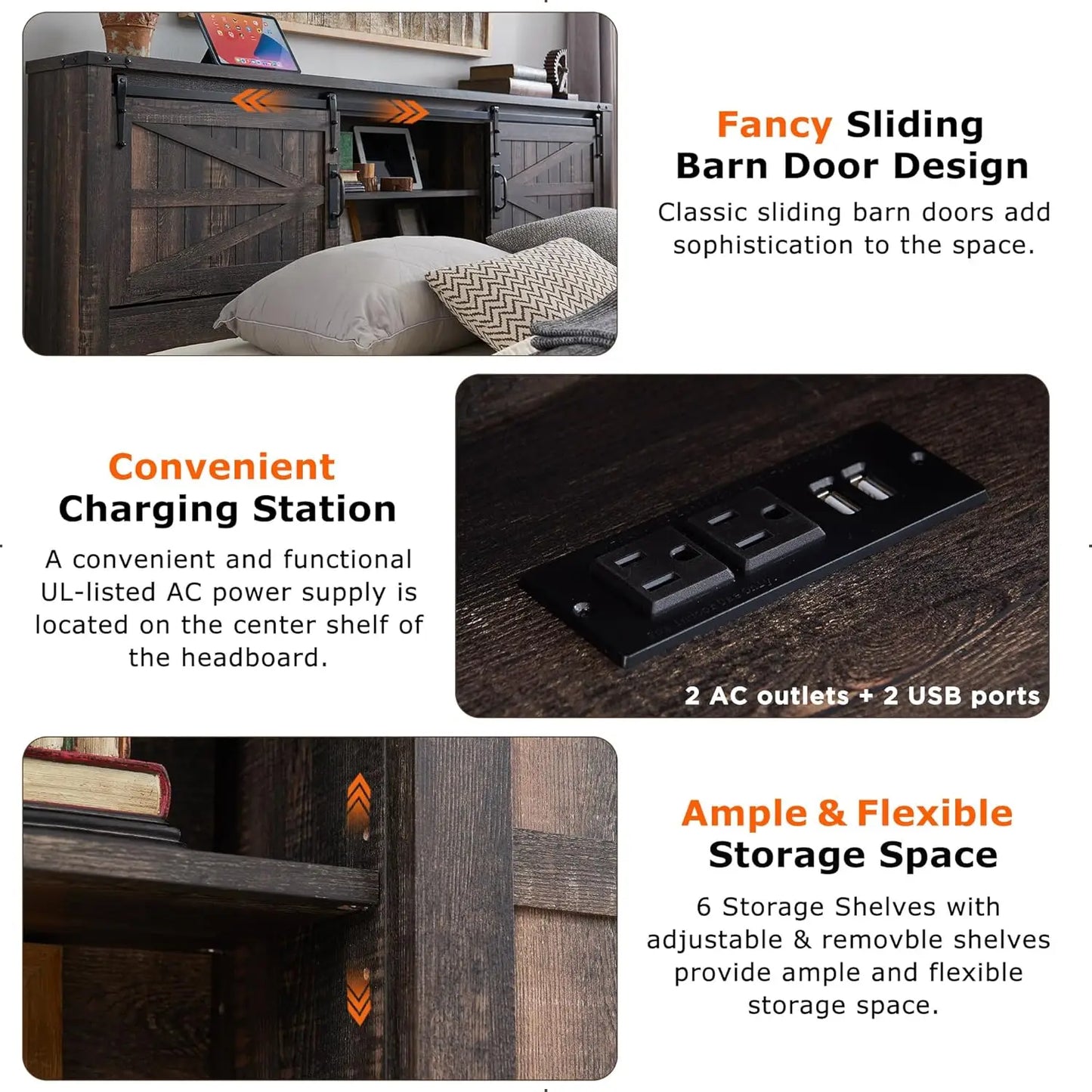 Farmhouse King Size Bed Frame w/Storage Bookcase Headboard Sliding Barn Door Charging Station Rustic Wood Platform Bed Wood Slat