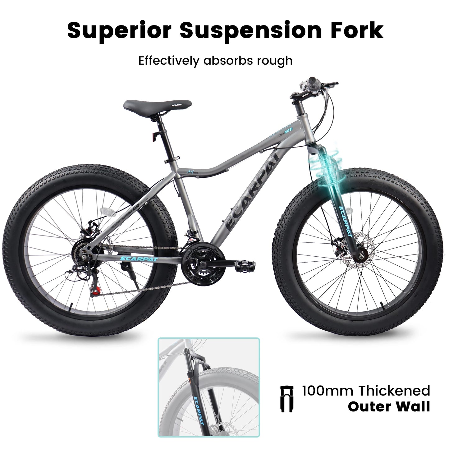 Ecarpat 26 Inch Mountain Bike, 4-Inch Wide Fat Tire Snow Mountain Bikes, 21 Speed for Men Women Bicycles, Steel Frame Disc Brake