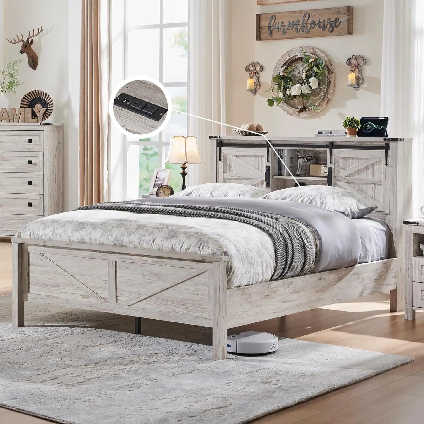 Farmhouse King Size Bed Frame w/Storage Bookcase Headboard Sliding Barn Door Charging Station Rustic Wood Platform Bed Wood Slat