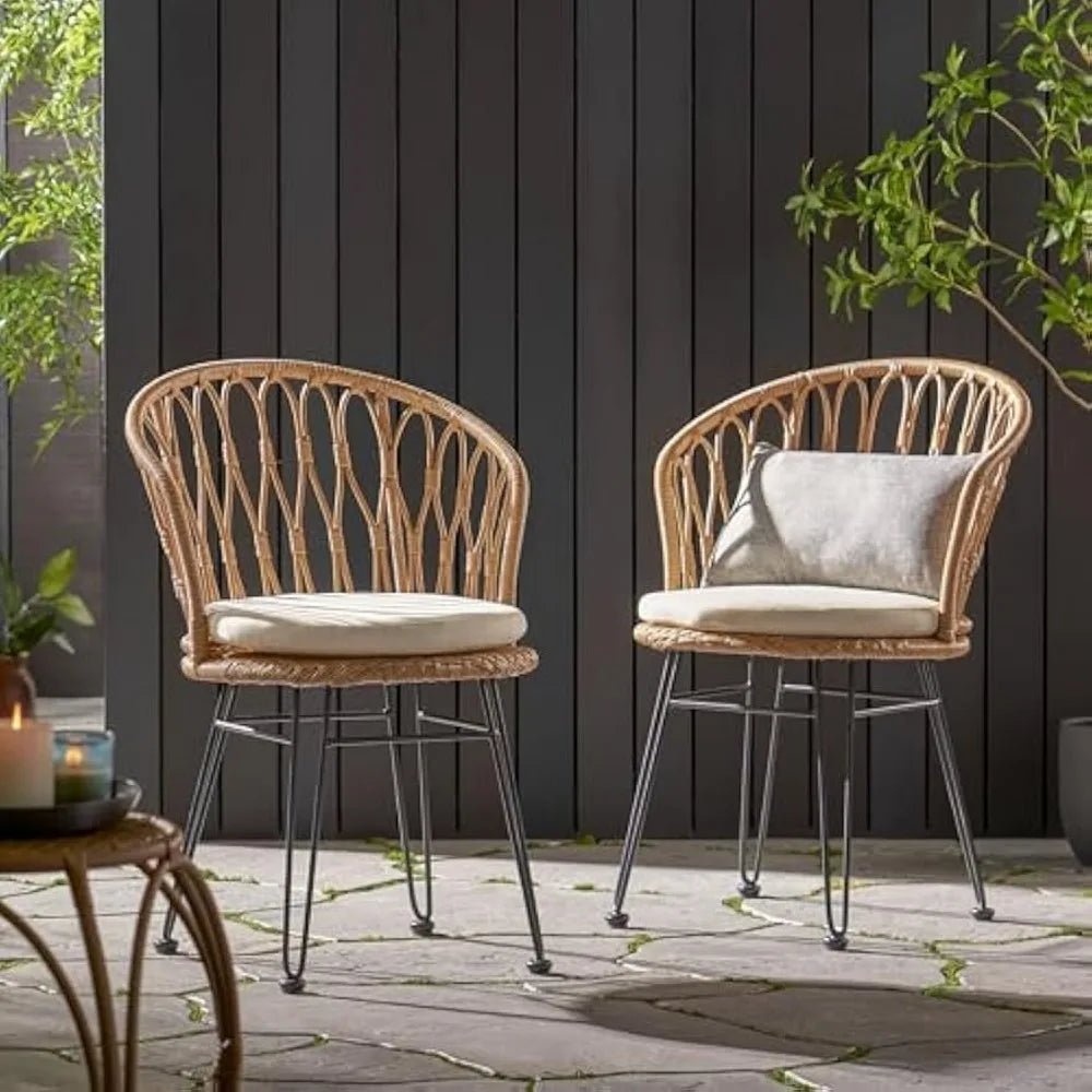 Outdoor Dining Chairs Set of 2, Wicker Outdoor Dining Chair with Cushion, Boho Industrial Style Rattan Dining Chairs, Patio Loun