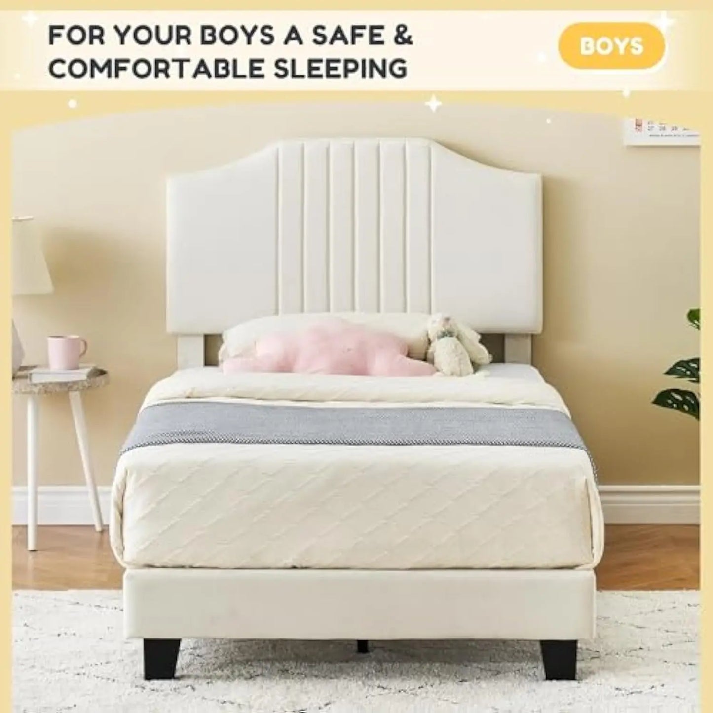 Twin Size Bed Frame - Velvet Upholstered Platform Bed Frame with Headboard for Girl Strong Wooden Slats Support, No Box Spring