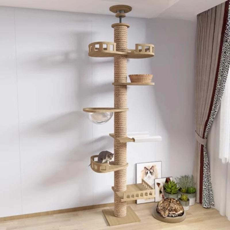 Adjustable Cat Tree House Tower Pet Condo Wooden House Multifunction Tower Soft Flannel Hammock Bed Cat Tree Floor To Ceiling