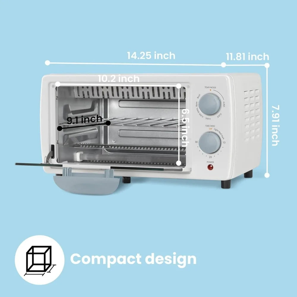 Countertop Oven, Small Toaster Oven Combo 4 slice, Mini Oven for 9" Pizza, Bake, Broil, 950W, White