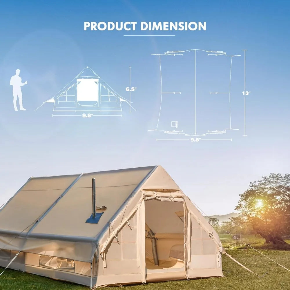 Inflatable Tent, Waterproof Blow Up Tent fo r8-10 Person, Easy Setup Glamping Cabin with Mesh & Chimney Windows, Large Te