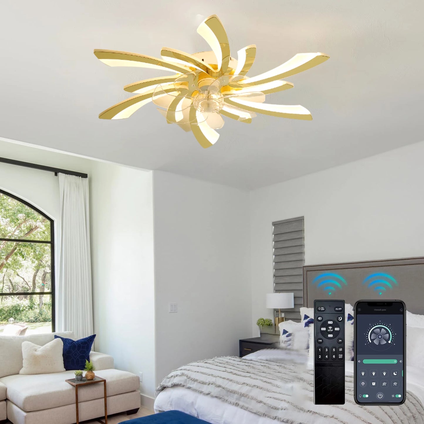 Ceiling fan with light, modern dimmable flower shaped ceiling fan, with remote control/app control, timed fan ceiling light