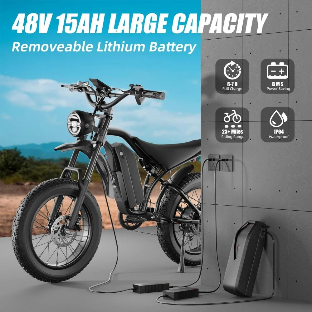 Electric Bike 20" Fat Tire, Peak 1200W Motor, 48V 15A/22.5A Battery, 7-Speed, Dual Disc Brakes for Off-Road and City Riding