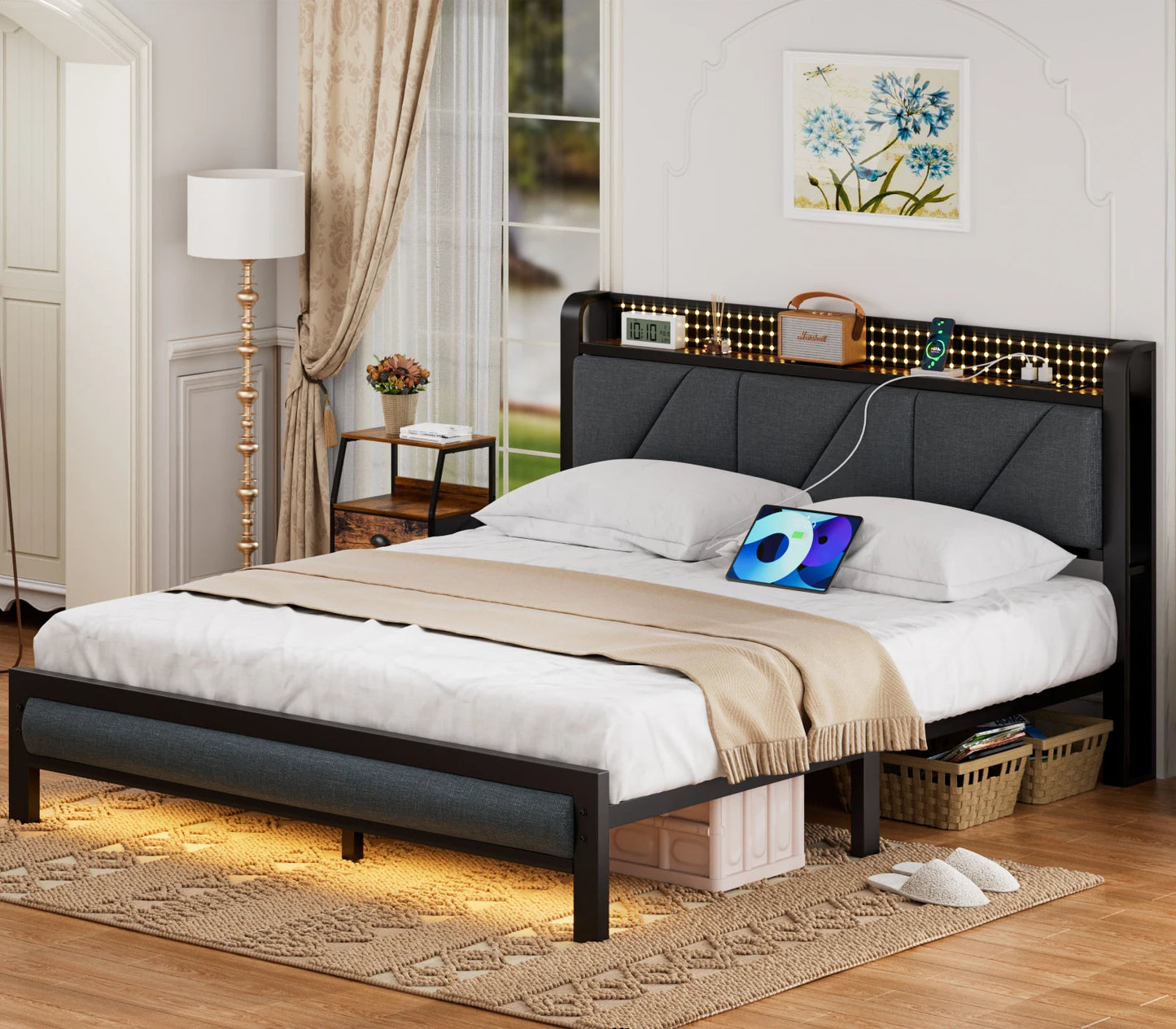 Full/Queen Bed Frame with Charging Station and LED Lights,USB Charging Station Headboard Upholstered Queen Size Metal bedstead