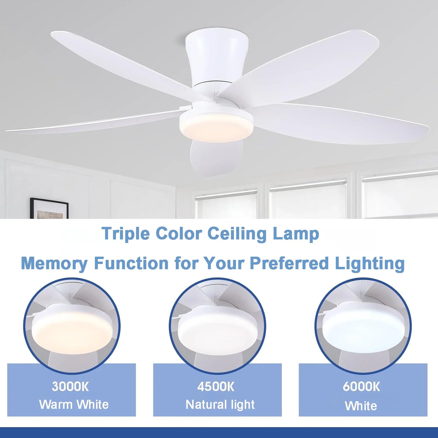 Ceiling Fans with Lights, Low Profile Ceiling Fan Light, Reversible, Dimmable, Noiseless, Ceiling Fan lamp for Indoor