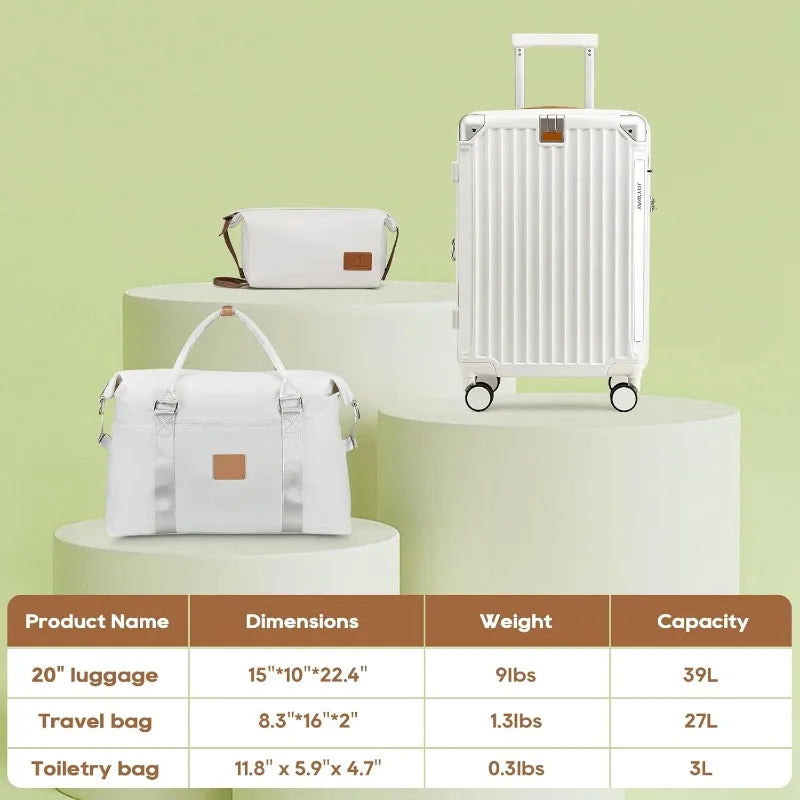 20in Carry On Luggage with Cup Holder and USB Port, 25% Expandable Capacity, Smart Suitcase with Anti Slip Wheels and Handbag