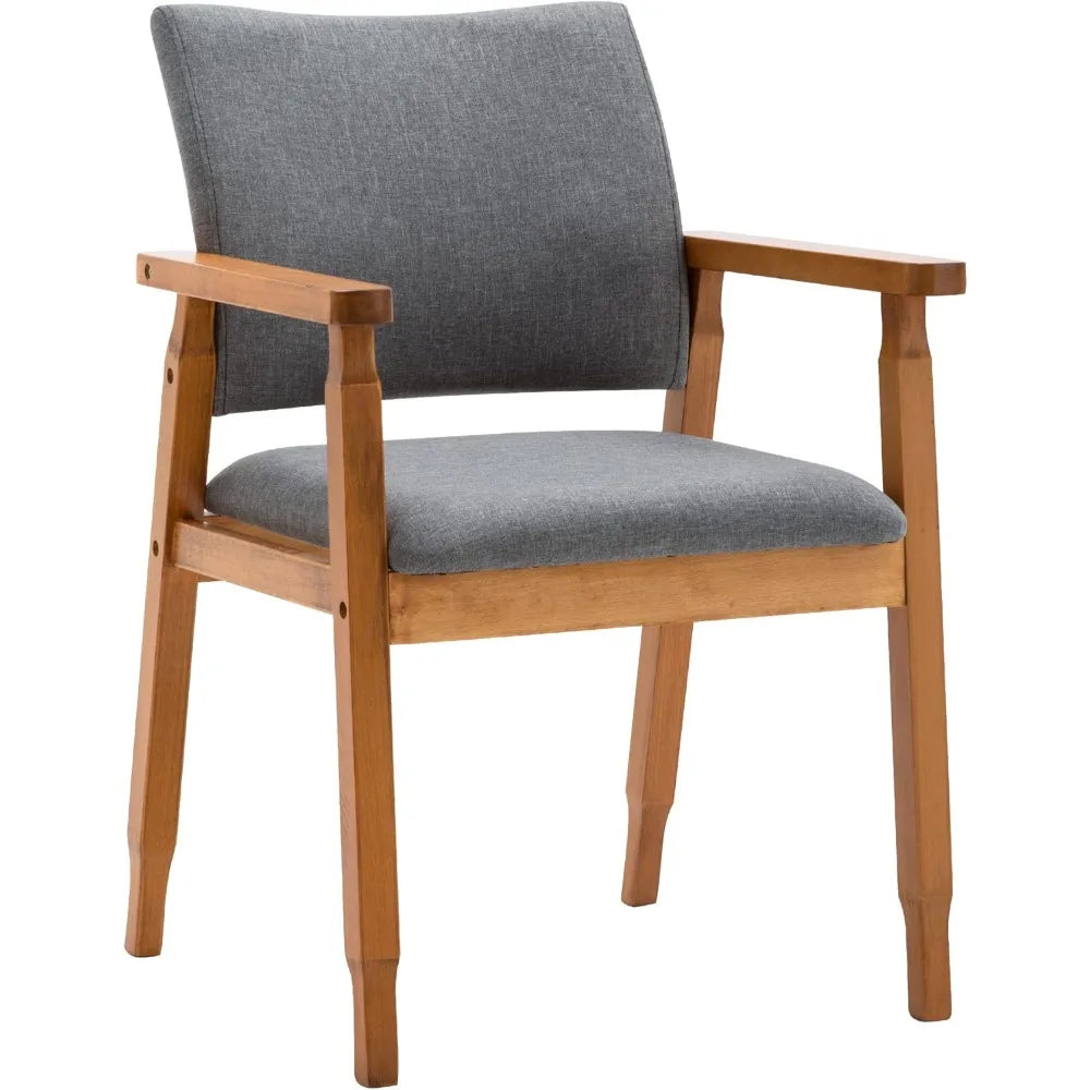 Set of 2 Mid Century Modern Walnut Dining Chairs Wood Arm Grey Fabric Kitchen Cafe Living Room Decor Furniture