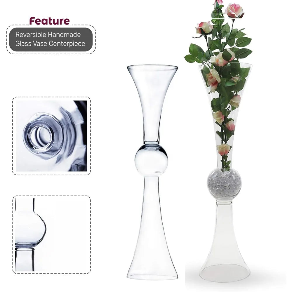 Tall Trumpet Vase Bulk, Open 7.5", Height 30", Base 7.5", (Multiple Size/Color Choices) Clear Reversible Latour Floral Wedding