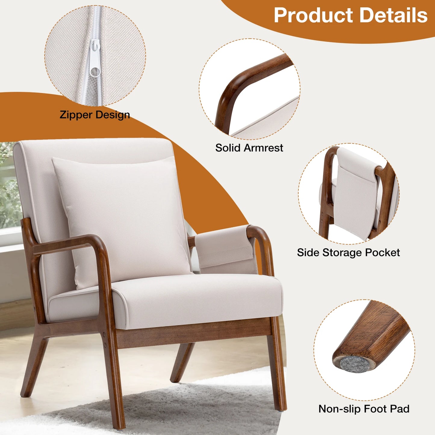 Modern Accent Mid Century Living Room Chairs with Lumbar Pillow Upholstered Comfy Rocking Chair With Wood Frame For Bedroom