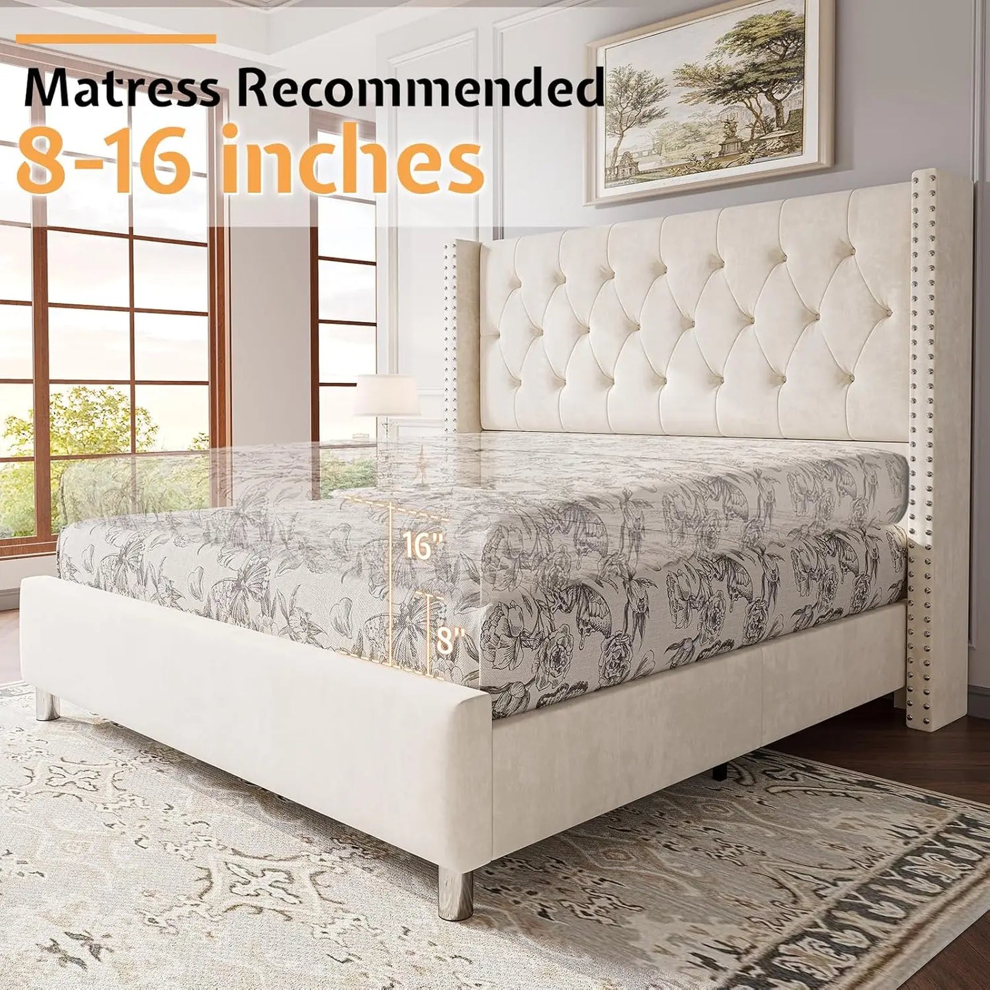 Jocisland Queen Bed Frame Upholstered Bed Wingback Headboard Velvet Tufted Diamond Button/No Box Spring Needed/Easy Assembly