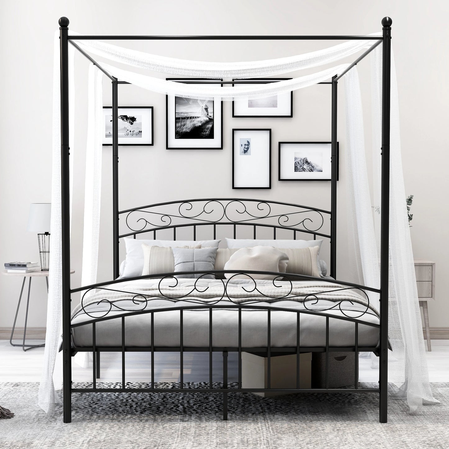 Canopy Bed Frame Four-Poster Metal Platform with Headboard and Footboard Sturdy Heavy Duty Steel Slat Support