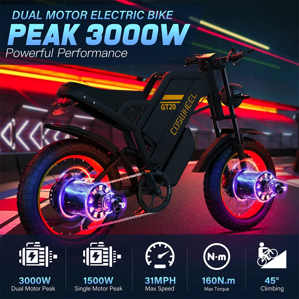 Coswheel Electric bike for Adult 2000W 60V Off-Road Motorcycle Mountain Bikes 20Inch Electric bike Fatbike Motorcycles ebike