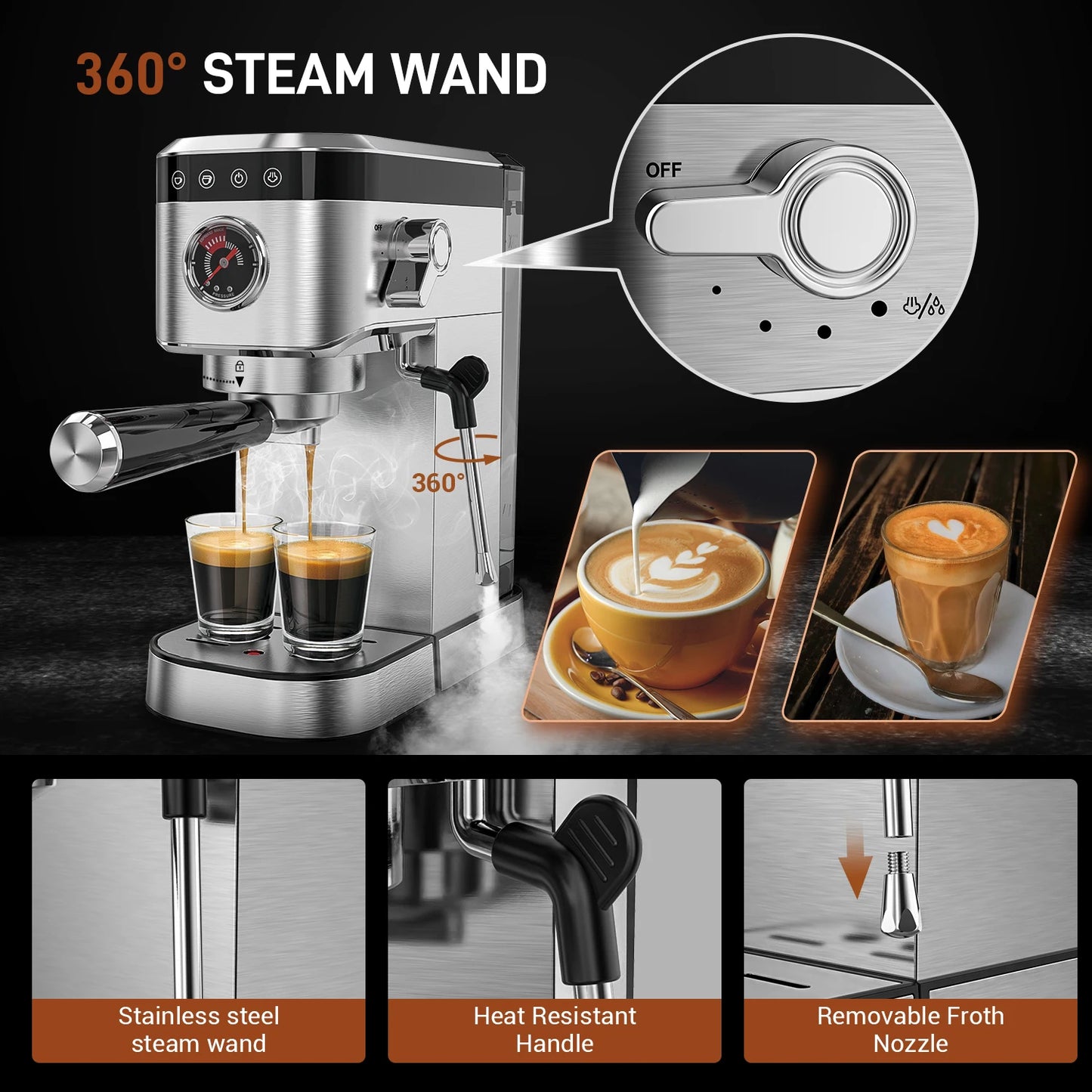 Sejoy Espresso Machine 20Bar Espresso Maker, Dual Boiler Coffee Maker with Milk Frother, Semi-automatic Coffee Machine